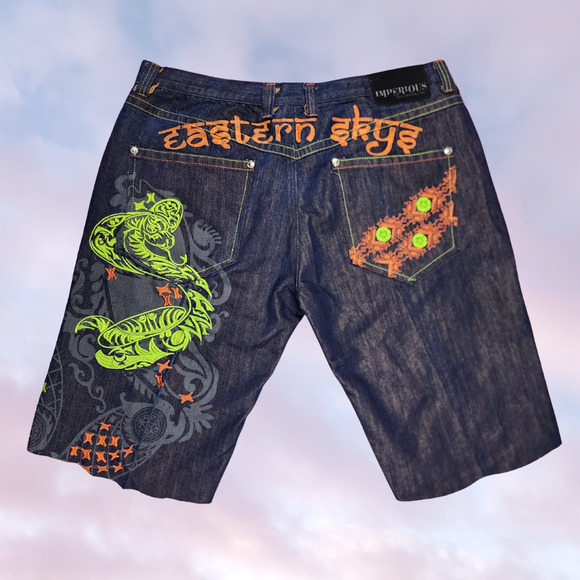 Imperious Other - Y2k Imperious Mens Dark Black Wash AOP Baggy Colorful Embroidered Shorts 40